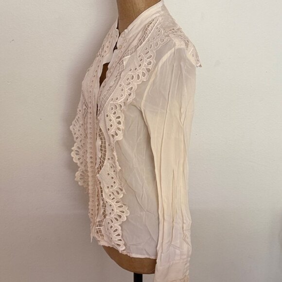 Reiss 2 Embroidered detailed Cream Blouse fancy collar button front long sleeve - Picture 3 of 9